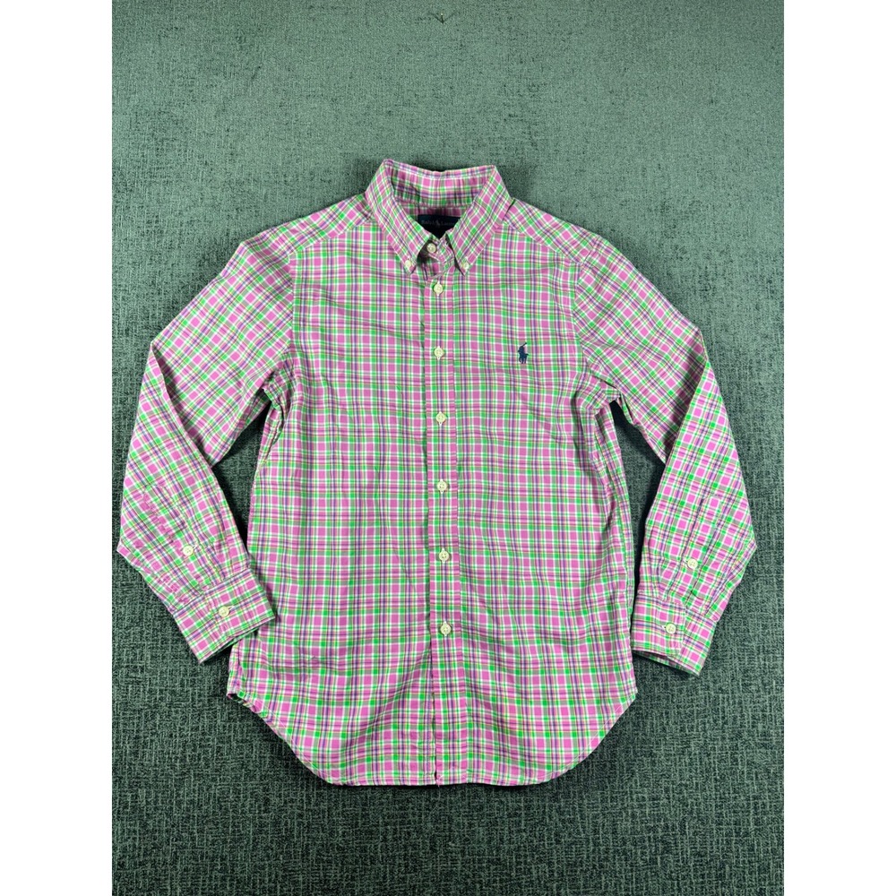 Ralph Lauren Kids Pink Green Plaid Long Sleeve Button Down Shirt Size M 10-12